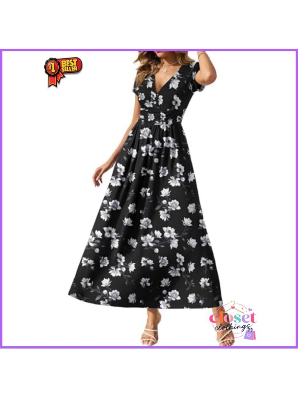 Wrap Maxi Dress Short Sleeve V-Neck Floral Summer Casual Midi Pockets